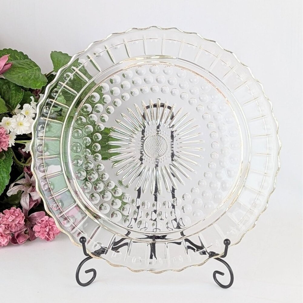 Vintage Clear Glass Round Cake Plate w/ Sunburst & Bubble Design 11.25" Retro